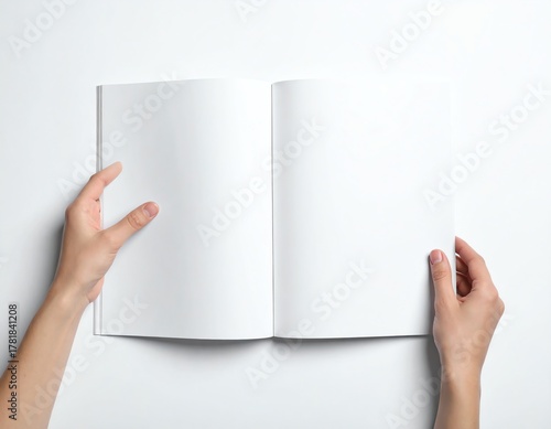 Hands holding open blank book, empty pages ready for sketching, notes, journaling, or creative writing on a clean white background.