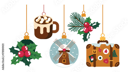 Holiday Ornaments Array: Delightful array of holiday ornaments, including a cozy mug of hot cocoa, evergreen bough, holly sprigs, festive windmill, and vintage suitcase, each suspended with care.