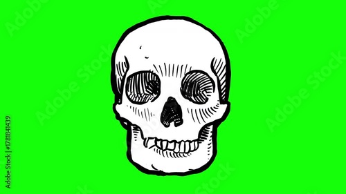 Hand drawn skull spinning isolated on green background 2d looping animation