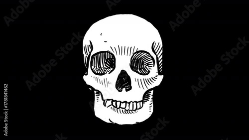 Hand drawn skull spinning isolated on black background 2d looping animation