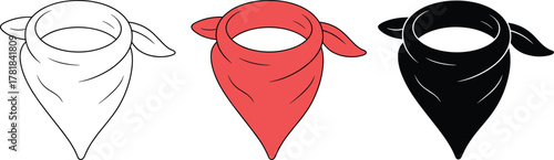 Bandana scarf illustration set, white red black fabric accessory drawing, fashion sketch vector, tied knot design, clothing textile graphic art