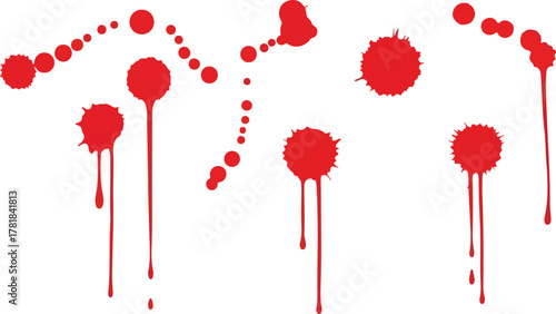 Red blood splatter graphics on a white background