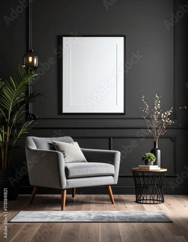 Modern gray armchair living room features dark wall paneling, indoor plant, wooden side table, and minimal decor with a neutral color palette.