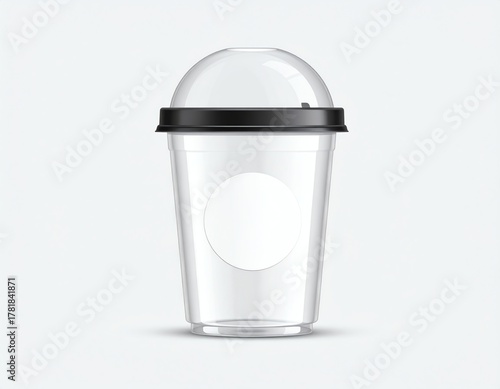 Transparent plastic cup with lid, blank label, dome top, isolated, suitable for branding and beverage packaging design presentations.