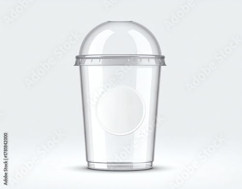 Clear plastic cup with dome lid, empty, isolated, blank label, suitable for cold drinks, smoothies, juices, branding, packaging, and mockup presentations.
