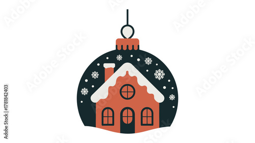 Festive Ornament: An elegant illustration of a festive ornament features a charming gingerbread house, surrounded by softly falling snowflakes, embodying the spirit of winter holiday season.