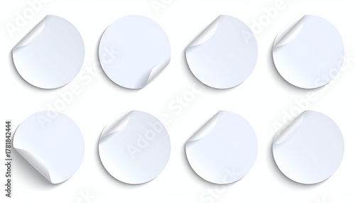 White round blank sticker set collection with curled corners, isolated on white background, perfect for banners, tags, labels, promotions, and mockups.