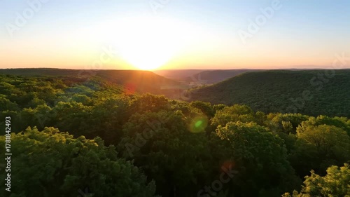 Aerial drone shot flying forward over a vibrant green forest at sunrise, revealing a majestic valley above, beautiful, aerial drone shot