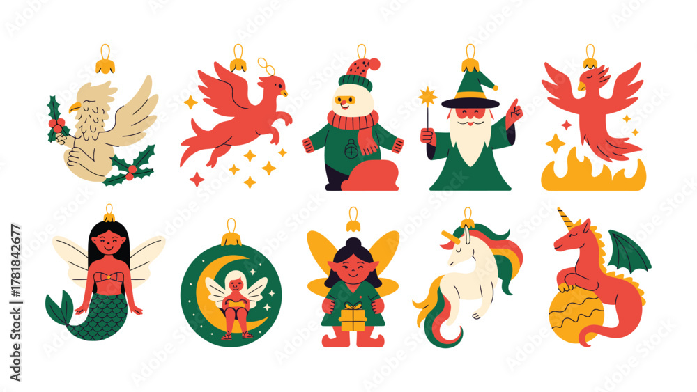 Naklejka premium Festive Ornaments: A charming array of whimsical ornaments, each a unique design. Including mermaid, unicorn, fairy, santa claus, wizard and phoenix.