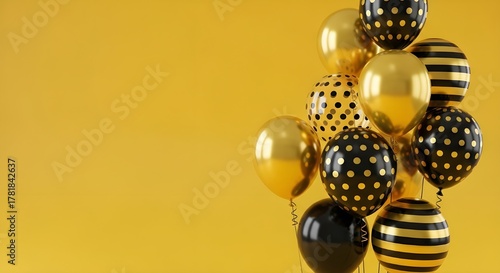 Festive golden and black balloons on a yellow background for celebration
