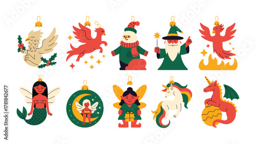 Festive Ornaments: A charming array of whimsical ornaments, each a unique design. Including mermaid, unicorn, fairy, santa claus, wizard and phoenix.