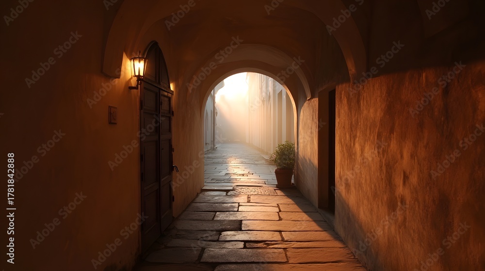 Naklejka premium Narrow sunlit alleyway with arched architecture and stone pavement bathed in golden hour rays filtering through mist