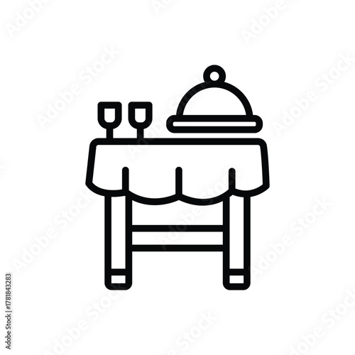 A table with a cloth two glasses and a covered platter is depicted in a black line drawing