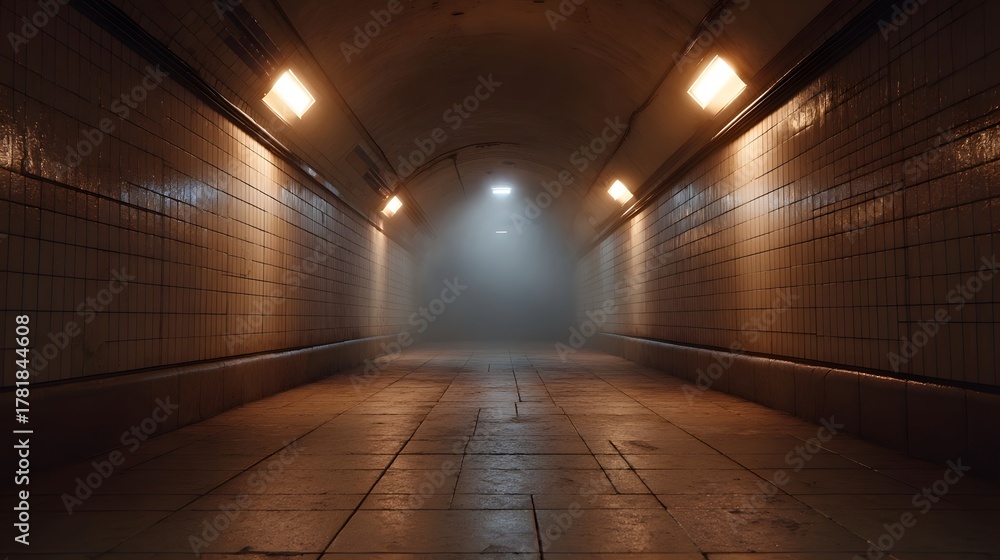 Naklejka premium An atmospheric underground tunnel stretches forward with dim lighting fog and a strong sense of perspective and depth