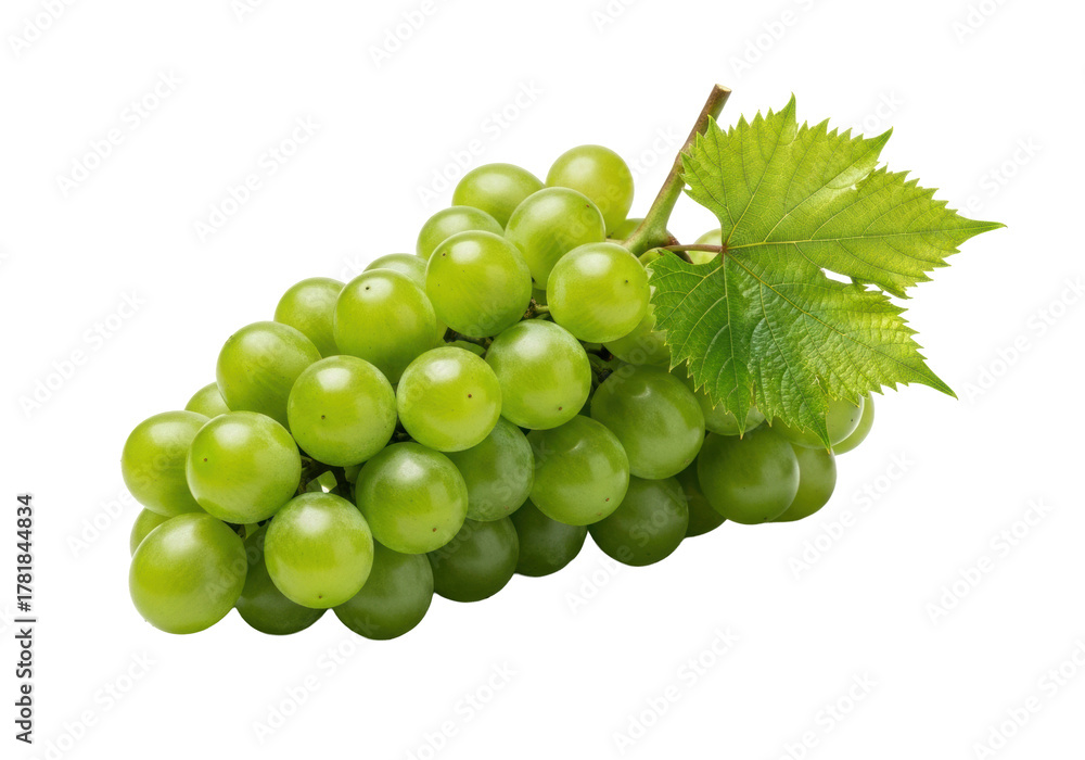 Obraz premium Vibrant emerald green grapes with a bright green leaf on pristine transparent background, soft shadows, ample copy space, dewy and crisp, healthy food concept
