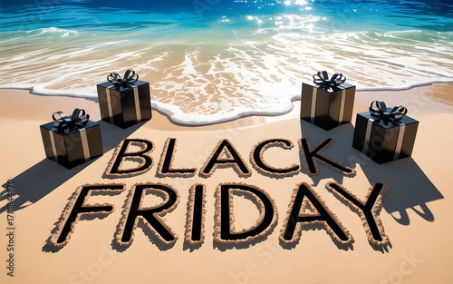 Fototapeta Naklejka Na Ścianę i Meble -  Black friday sale promotion with gift boxes on the beach near the sea