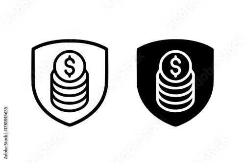 Financial Security Shield Icon Set: Outline and Solid Vector for Money Protection, Insurance, and Safe Investment