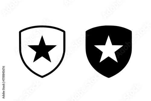 Star Shield Icon Set: Outline and Solid Vector for Security, Protection, Best Rating, and Guarantee Symbol