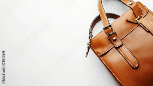 A stylish tan leather handbag with metallic hardware details, positioned in the corner of a white background, offering ample copy space for text or design