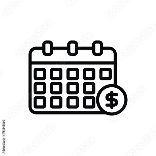 Black outline icon calendar with rows of days a dollar sign coin lower right