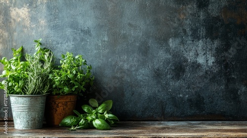 Potted fresh herbs including basil and rosemary on a wooden surface against a dark textured background, with ample copy space for text or design