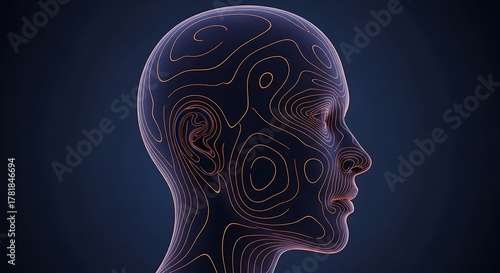 Wallpaper Mural 3d rendered illustration of a human head outlined with topographic contour lines against a dark blue background Torontodigital.ca