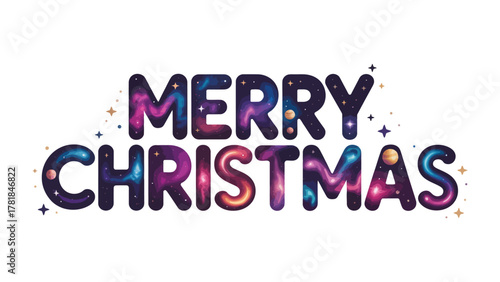 Cosmic Christmas Greetings: A festive message, Merry Christmas, creatively designed with a galaxy theme, stars twinkling across the letters.