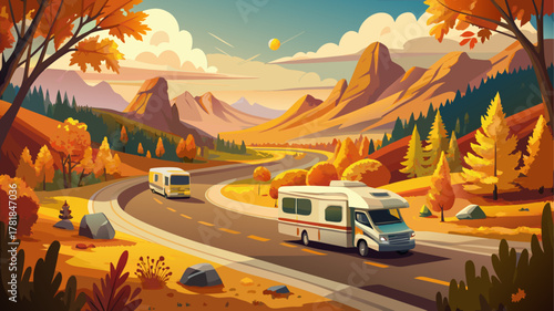Very beautiful autumn road trip scene with RVs traveling through mountain roads surrounded by vibrant fall foliage, warm sunlight, and a realistic scenic byway adventure atmosphere.