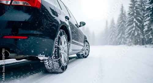 Wallpaper Mural A black car equipped with snow chains driving on a snowy road during a winter snowfall in the forest Torontodigital.ca