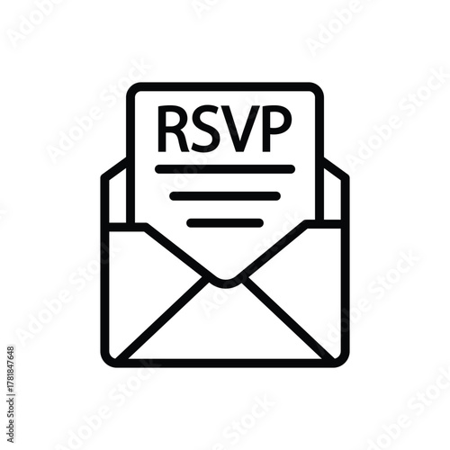 Line drawing of an open envelope with a document inside labeled RSVP