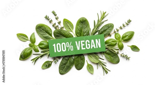 A 100% Vegan green tag surrounded by a fresh assortment of aromatic herbs and spinach leaves. A concept for a healthy plant-based diet, clean eating, and natural ingredients on a white background