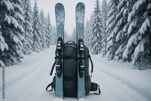 Backpack with Skis on Snowy Path - Skiing Adventure Gear