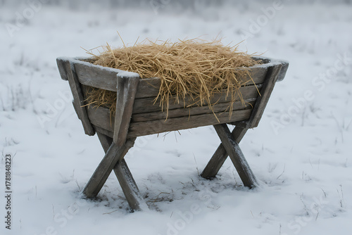 Hay in Wooden Trough on Snowy Landscape - Winter Farm Setting
