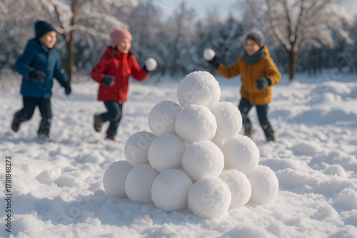 Kids Playing Snowball Fight with Snowman - Fun Winter Day
