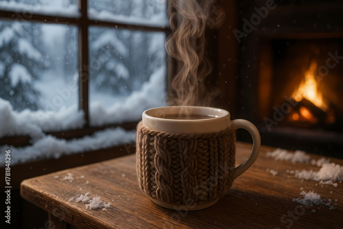 Cozy Winter Moment with Steamy Drink and Fireplace
