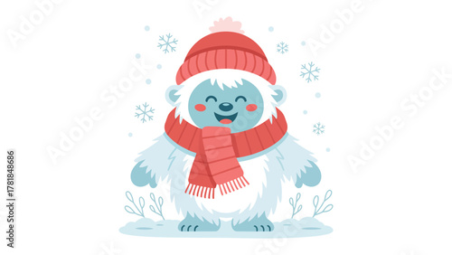 Cheerful Yeti in Winter Attire: A charming and friendly Yeti, sporting a cozy red hat and scarf, stands in a snowy scene, embodying warmth and joy during the winter season.