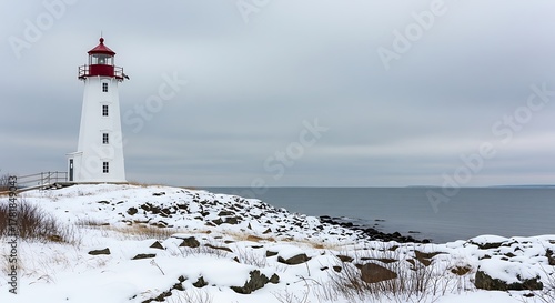 Wallpaper Mural A classic white lighthouse stands on a snowy coastal landscape with a red cap on a cloudy winter day. Torontodigital.ca
