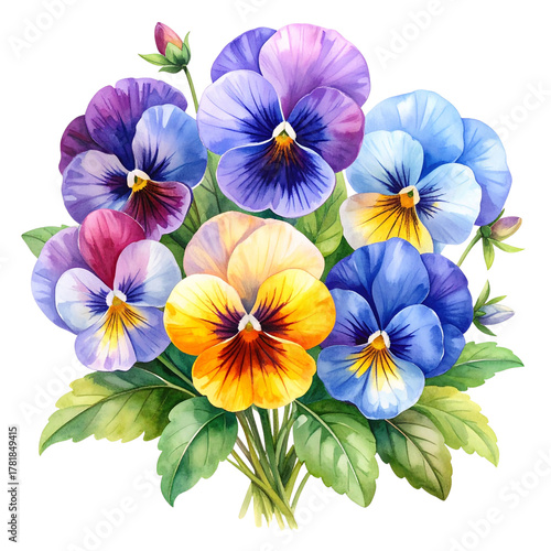 Colorful pansy flowers bouquet including purple, yellow, and blue blooms isolated on a white background for a bright spring garden look