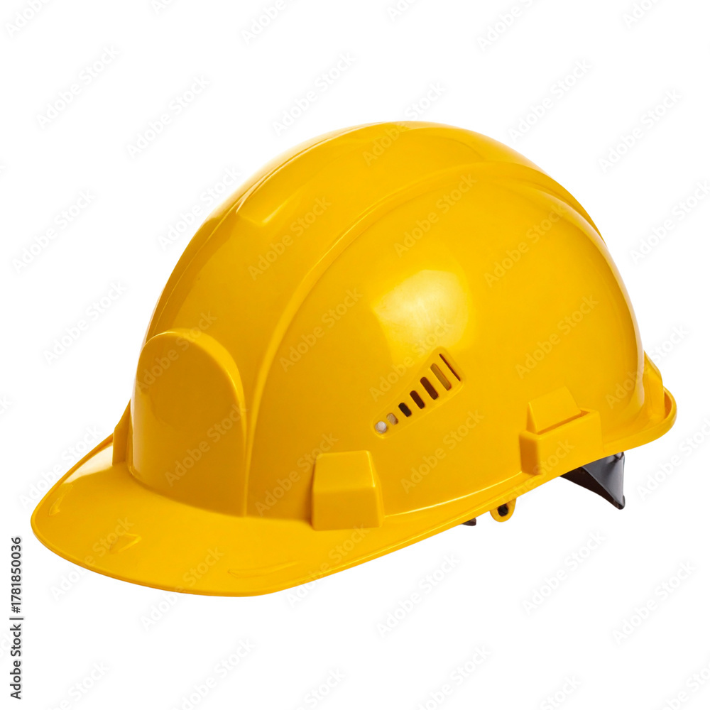 Fototapeta premium Isolated yellow plastic construction hard hat for worker safety and head protection equipment