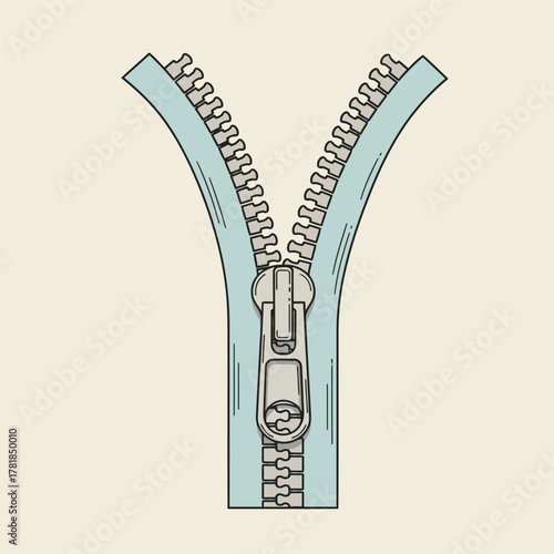 Illustration of an open zipper with a silver pull tab.