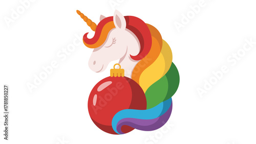 Unicorn Festive Ornament: A magical unicorn, its mane a rainbow of colors, gently embraces a festive red ornament, creating a whimsical Christmas scene filled with enchantment. 