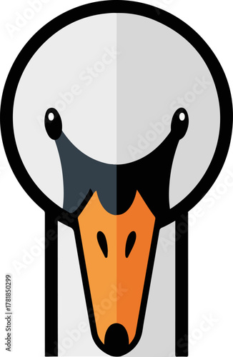 A cartoon animal head of a goose is shown from the front in a minimalist, vector art style, with clear lines and a simple color palette, focusing on its beak and eyes