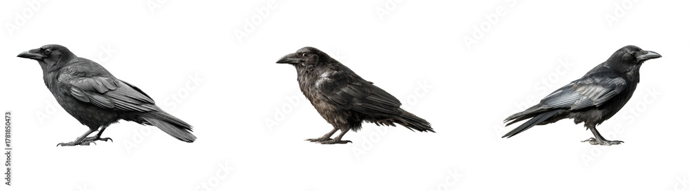 Naklejka premium Three dark ravens standing against a black background