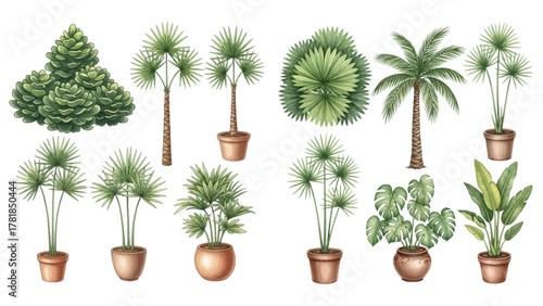 A diverse collection of illustrated tropical plants, including various palm trees, bushes, and potted houseplants on a transparent background.