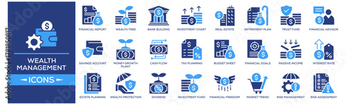 Wealth Management icon set. Containing design Financial Report, Wealth Tree, Bank Building, Investment Chart, Financial Freedom. Solid icon collection.