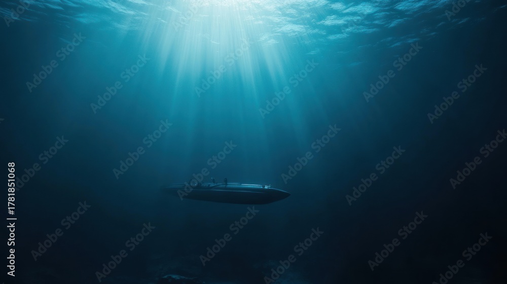 Fototapeta premium Deep ocean submarine, sun rays, seabed background, underwater exploration