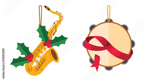 Festive Music Baubles: A vibrant illustration features a golden saxophone adorned with holly and berries, paired with a tambourine, both ready to add a musical touch to the celebration