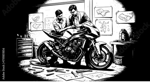 Modified Street Bike Workshop Scene – Bold Black and White Industrial Vector Art
