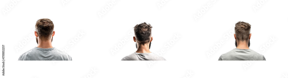 Obraz premium Rear View of Man's Head and Shoulders Against Black Background