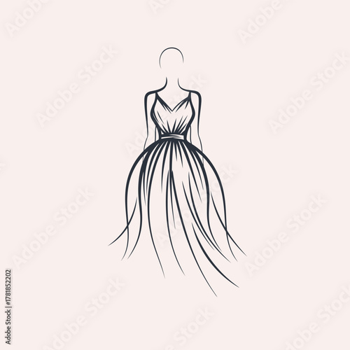 Elegant sketch of a woman in a flowing ball gown with spaghetti straps and a cinched waist.